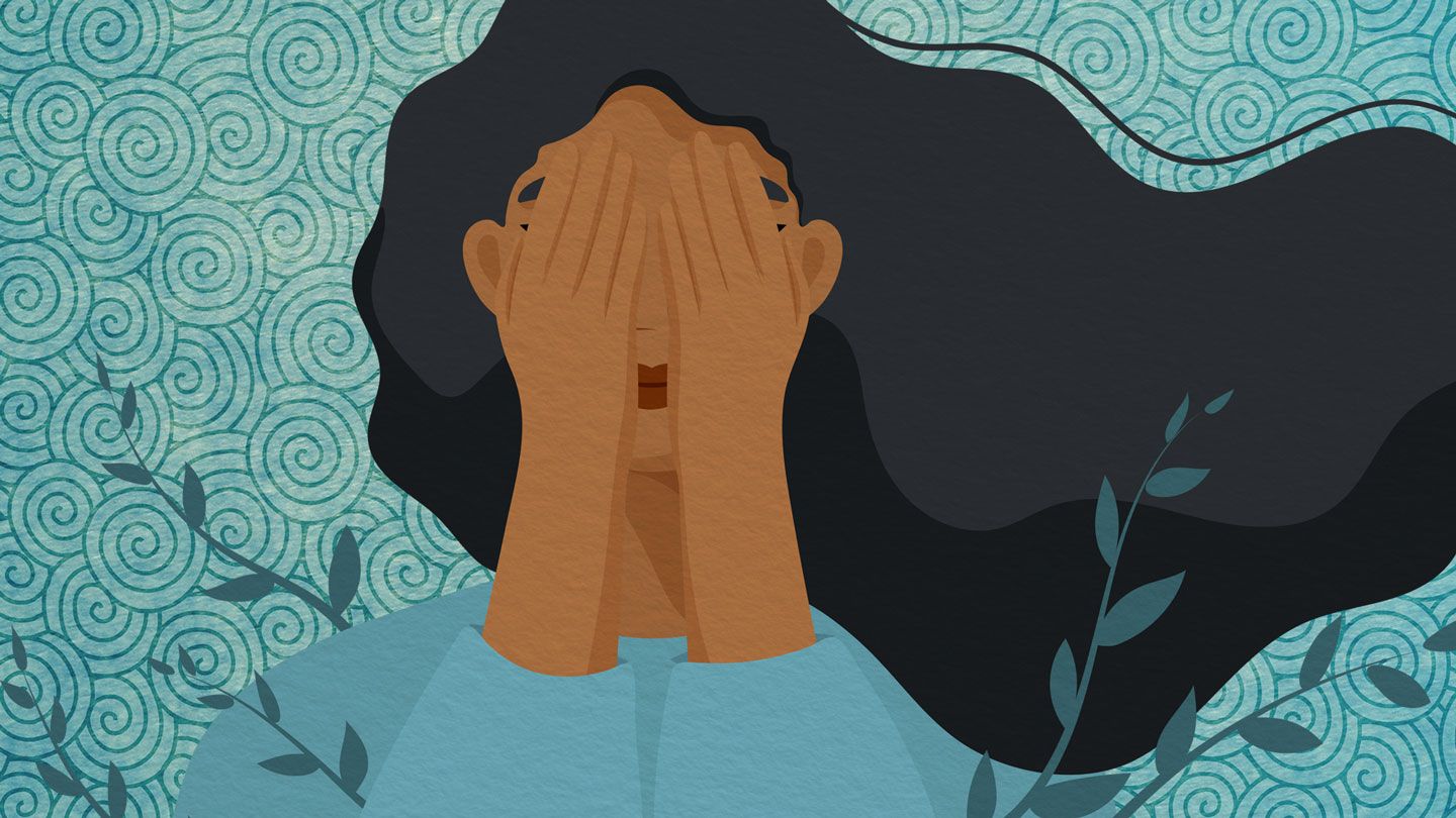 一个黑人妇女悲伤地捂着脸的插图